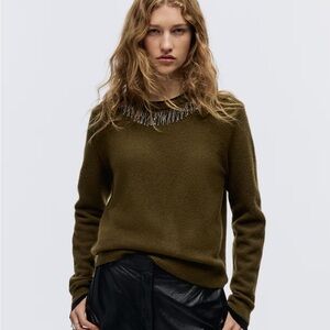 H&M Olive Sweater with Beaded Neckline